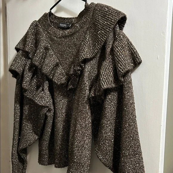 Solid Brown Ruffled Knit Sweater - Picture 2 of 9